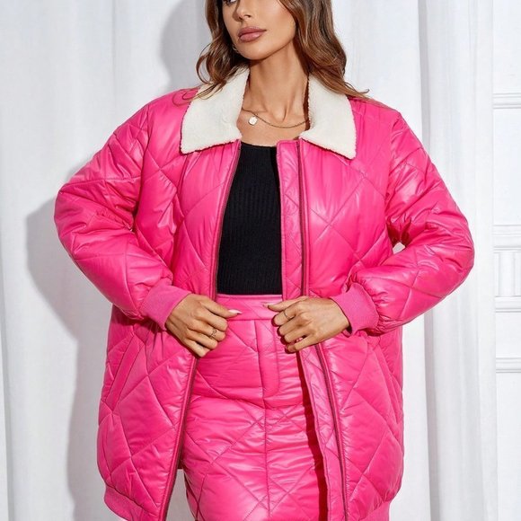 Pink Preppy womens Borg Collar Drop Shoulder Quilted Coat & Skirt - Picture 3 of 5